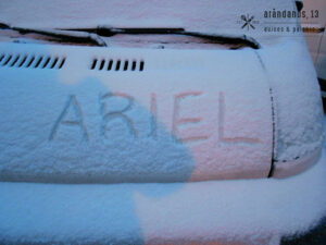 Coche nevado con inscripción de nombre de ariel