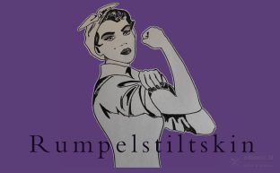 Mujer empoderada sobre fondo lila y rótulo Rumpelstiltskin