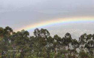 arco iris sobre un valle con montañas, árboles y casas