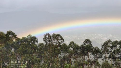 arco iris sobre un valle con montañas, árboles y casas